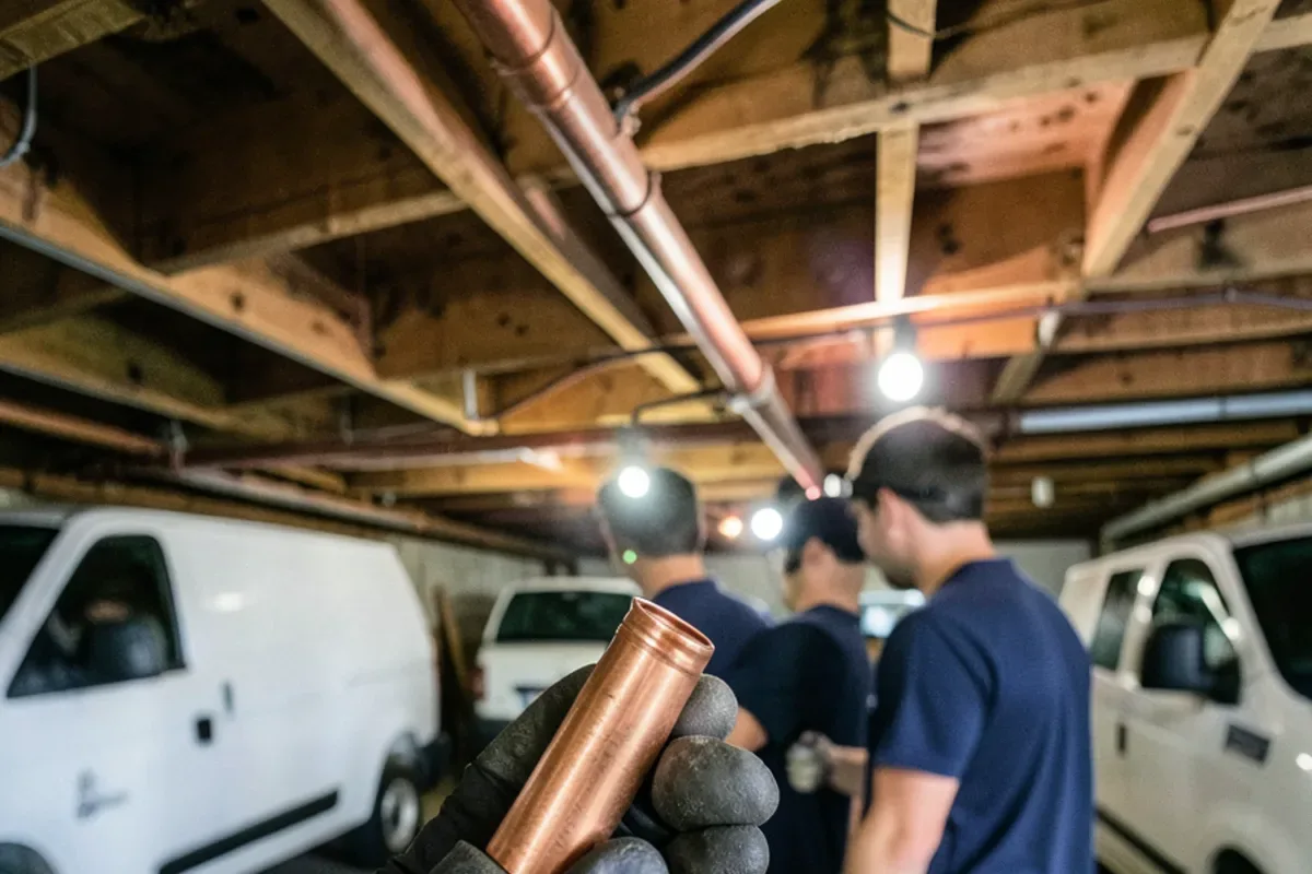 Split section of copper supply pipe cut out of a basement ceiling run