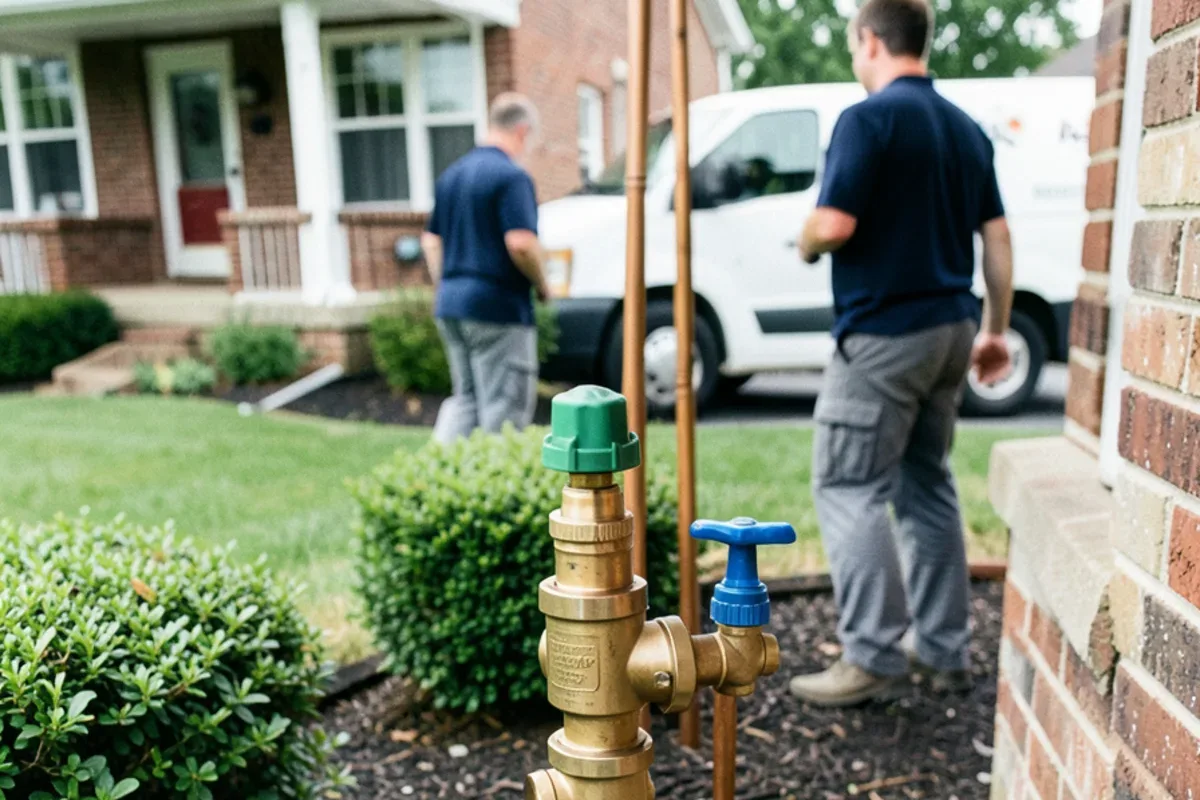 Pressure vacuum breaker for a lawn sprinkler system standing beside a brick house foundation