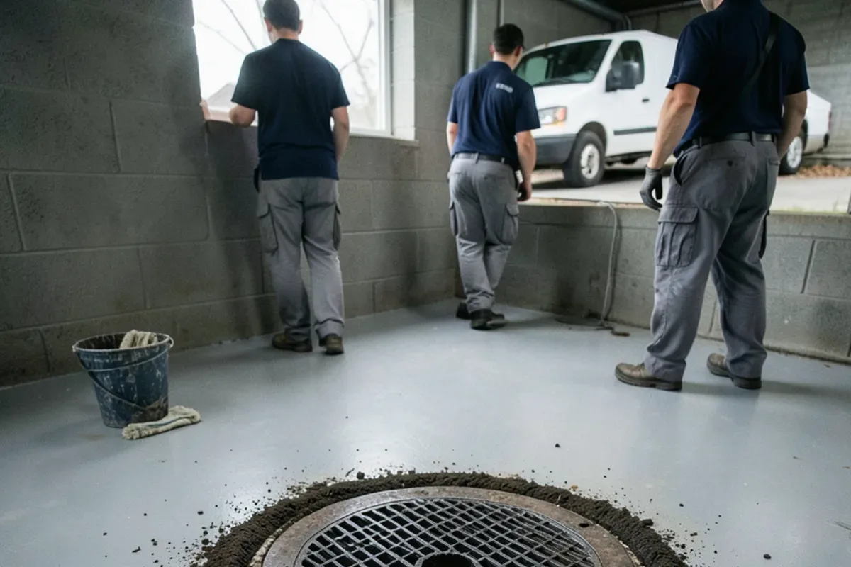Basement floor drain with a ring of dark silt and debris left after a storm backup