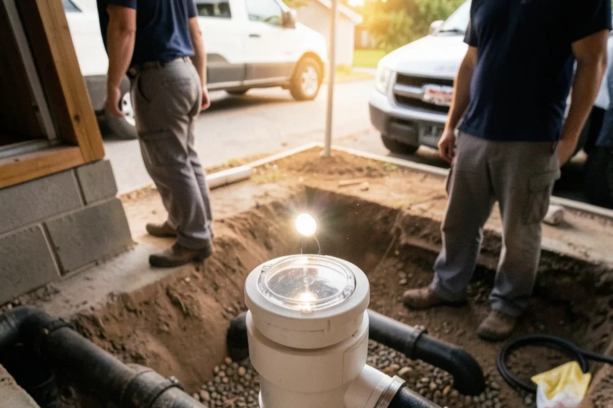 Backwater valve joined to old cast iron drain pipe with banded couplings in an open trench