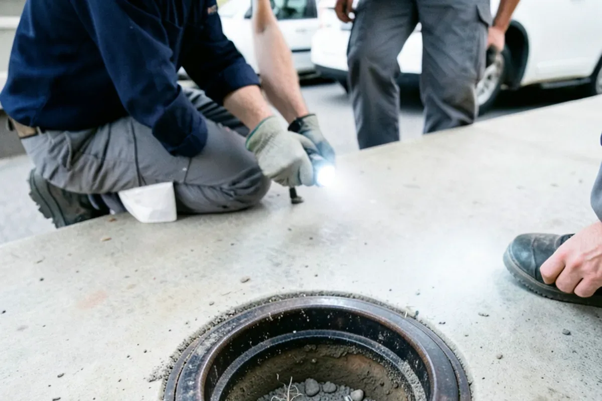 Floor drain trap under a removed grate packed with silt and laundry lint