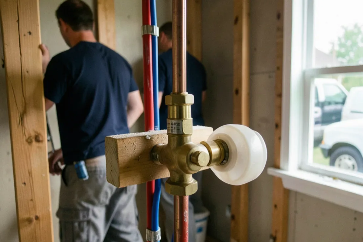 Pressure-balancing shower valve mounted on blocking between studs with PEX lines attached
