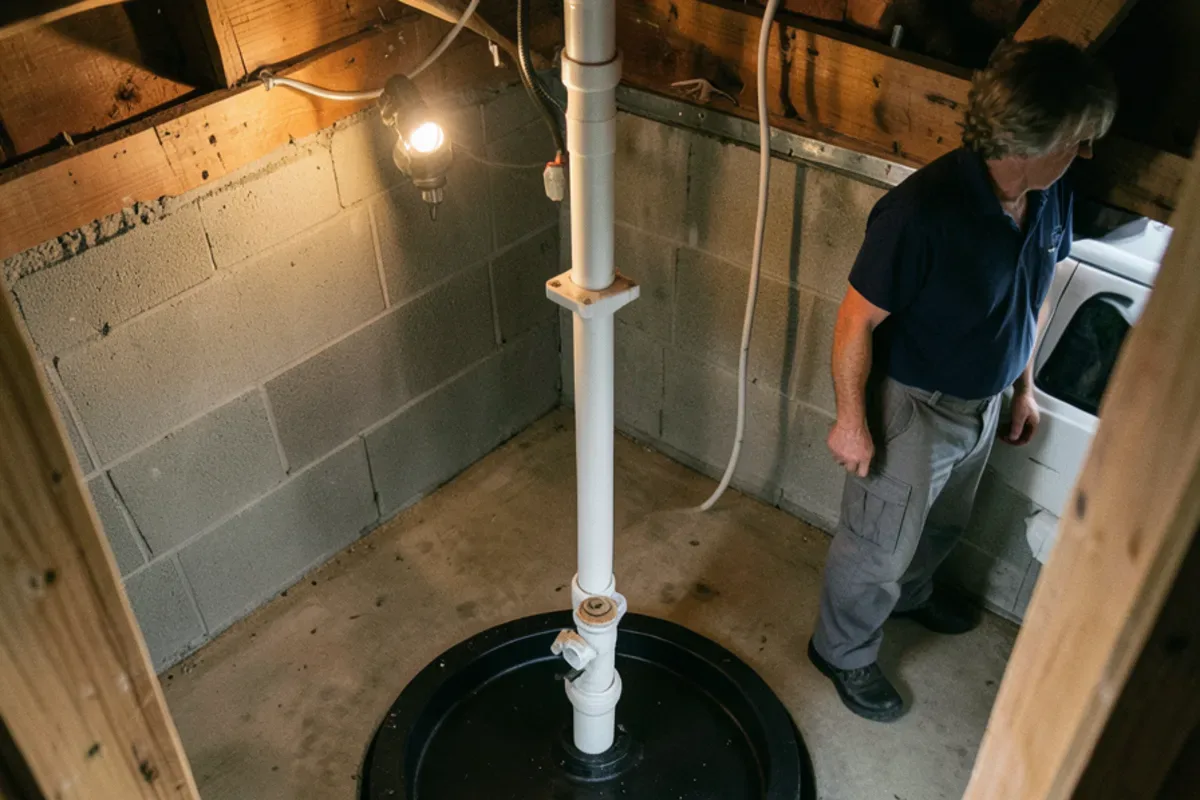 Sealed sewage ejector basin lid with discharge pipe, check valve and vent in a basement