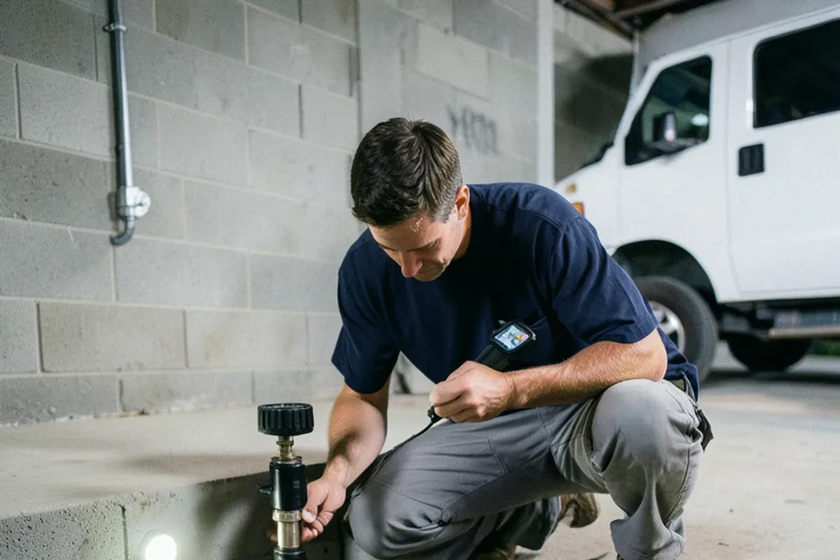 Plumber timing how quickly a sump pit refills after the primary pump shuts off