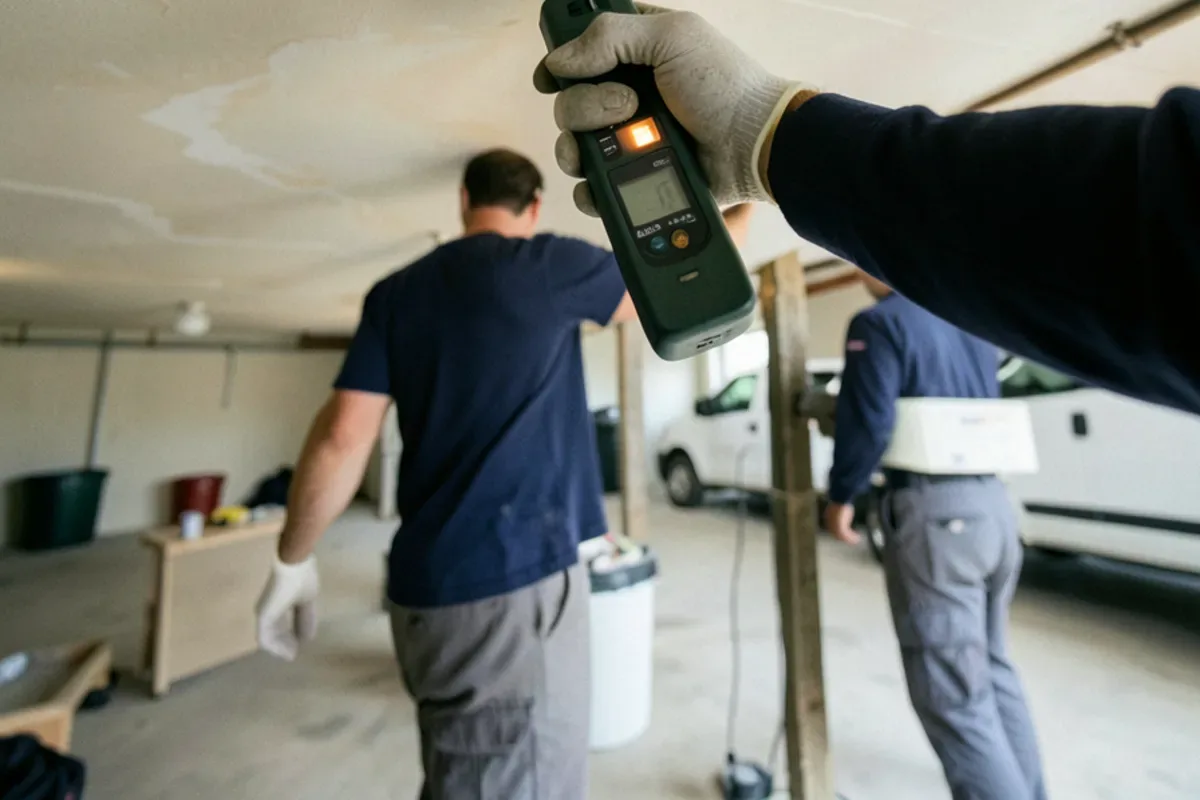 Moisture meter pressed against a stained basement drywall ceiling to trace a hidden leak