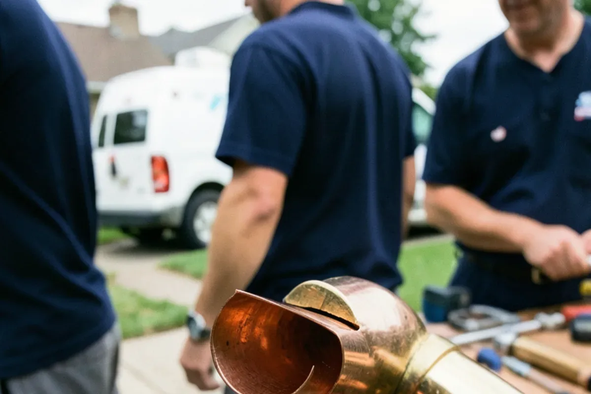 Copper water pipe with a lengthwise freeze split held next to its new replacement section