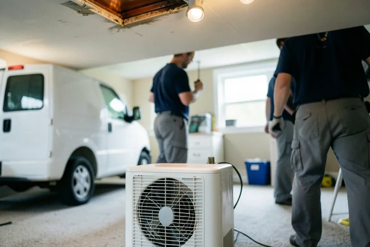 Air mover and dehumidifier drying an opened section of basement ceiling after a pipe repair
