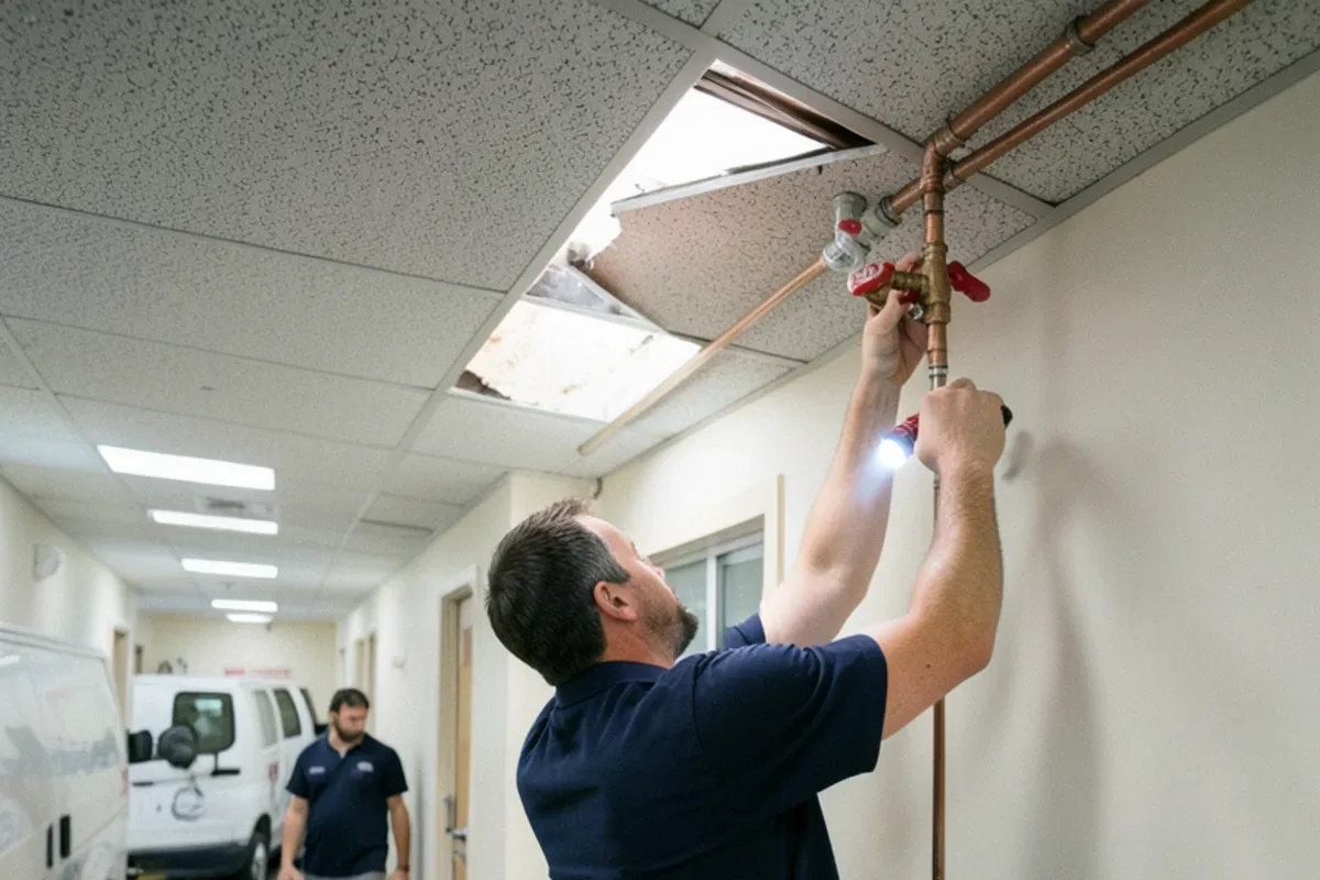 Plumber reaching above a lifted drop ceiling tile to close a branch shutoff valve in an office corridor