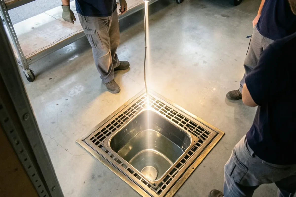 Flashlight shining into a commercial floor drain to check whether its trap still holds water