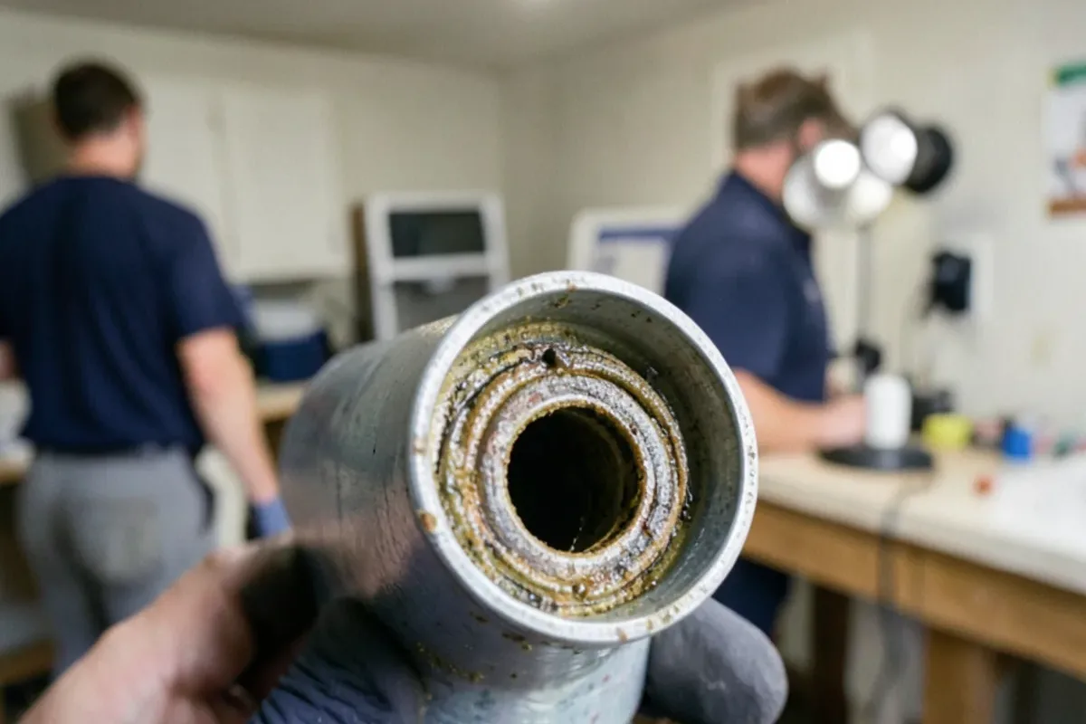 Cut section of a galvanized kitchen drain pipe narrowed by hardened grease