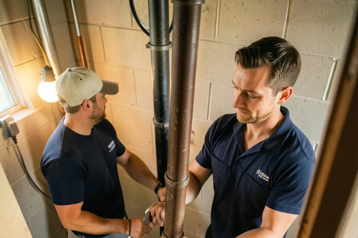 Basement cleanout plug on a cast iron drain line being opened with a wrench