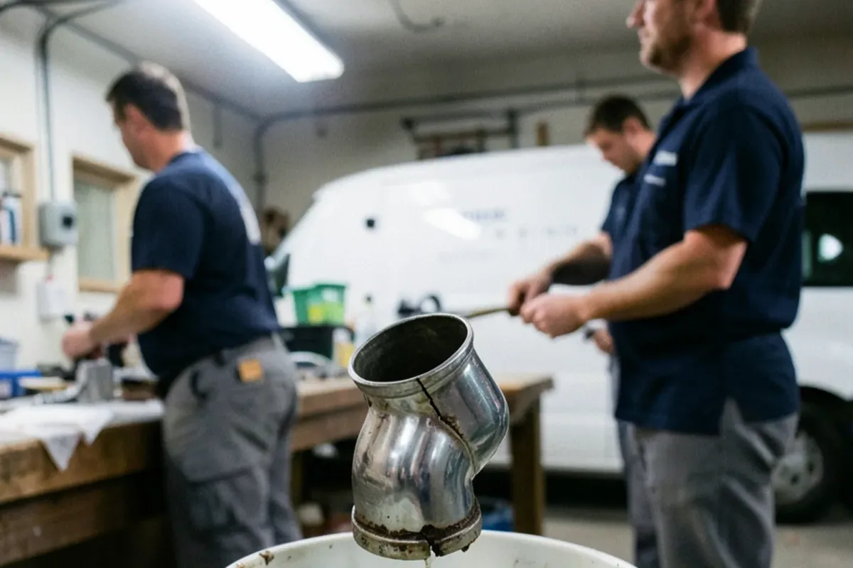 Old chrome-plated sink trap with the plating peeled and a crack along the bottom bend