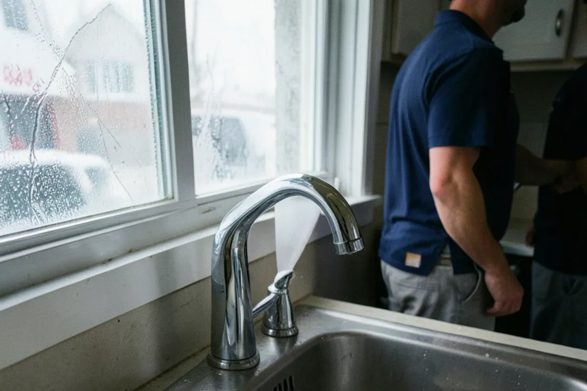 Kitchen faucet turned on with no water coming out on a frosty winter morning