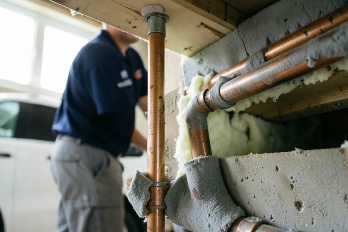 Basement rim joist sealed with spray foam and copper pipe covered in foam insulation sleeves