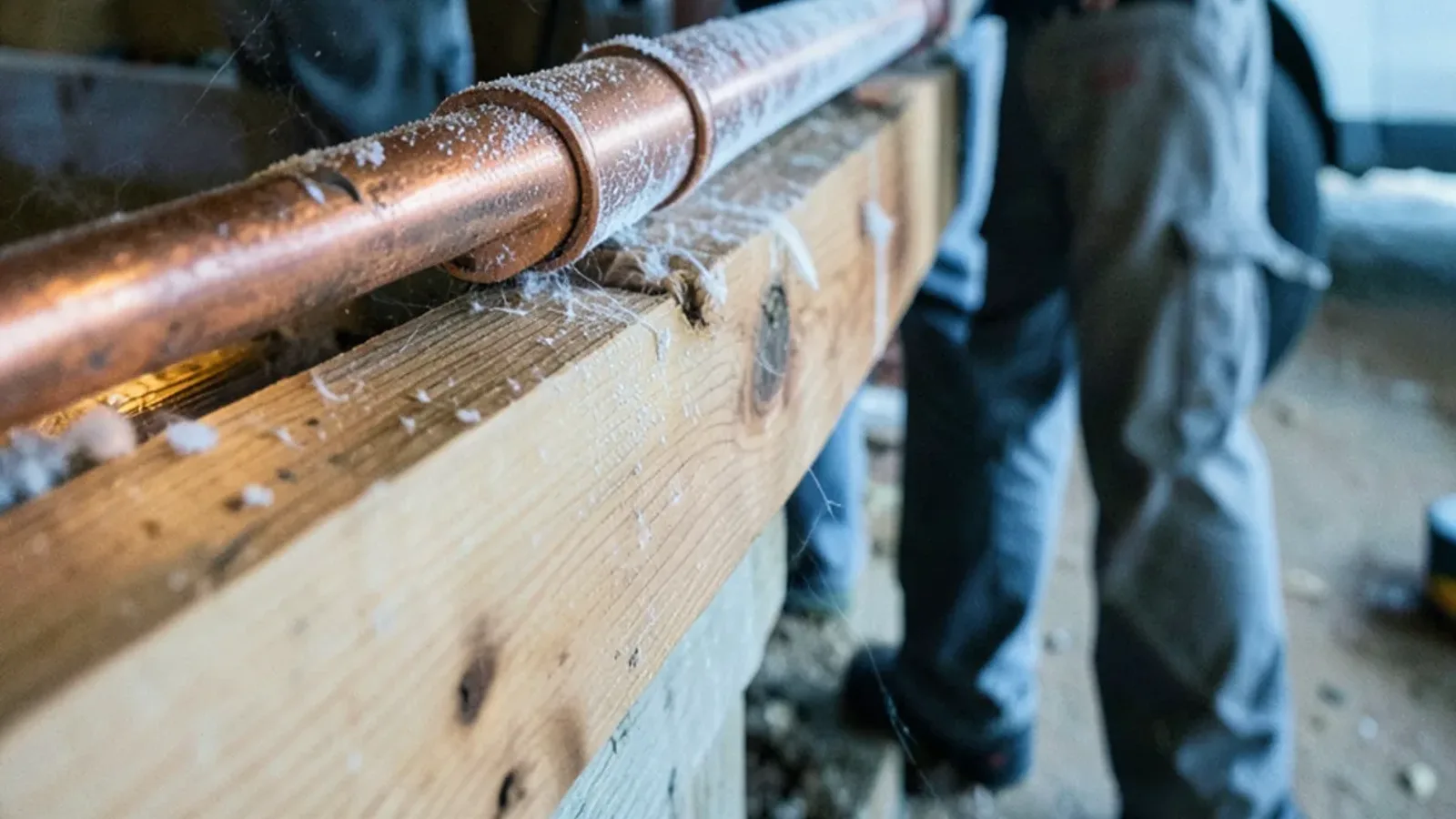 Frost-covered copper water line along the rim joist of a cold Warren basement