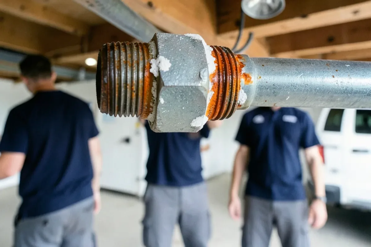 Threaded galvanized tee on a basement water line with rust bleeding from the threads