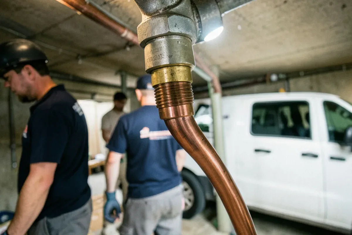 Dielectric union joining new copper water pipe to remaining galvanized steel