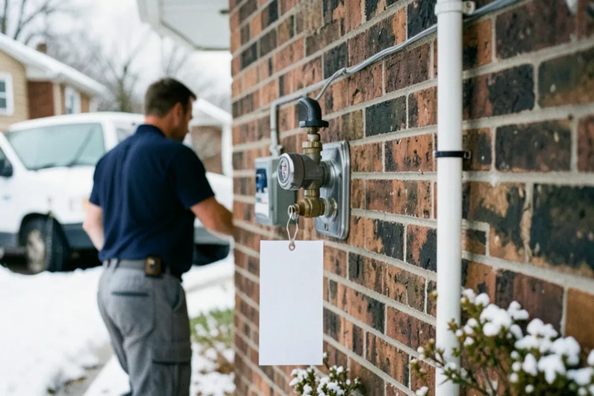 Residential natural gas meter on a brick wall with a shutoff notice tag hanging from the valve