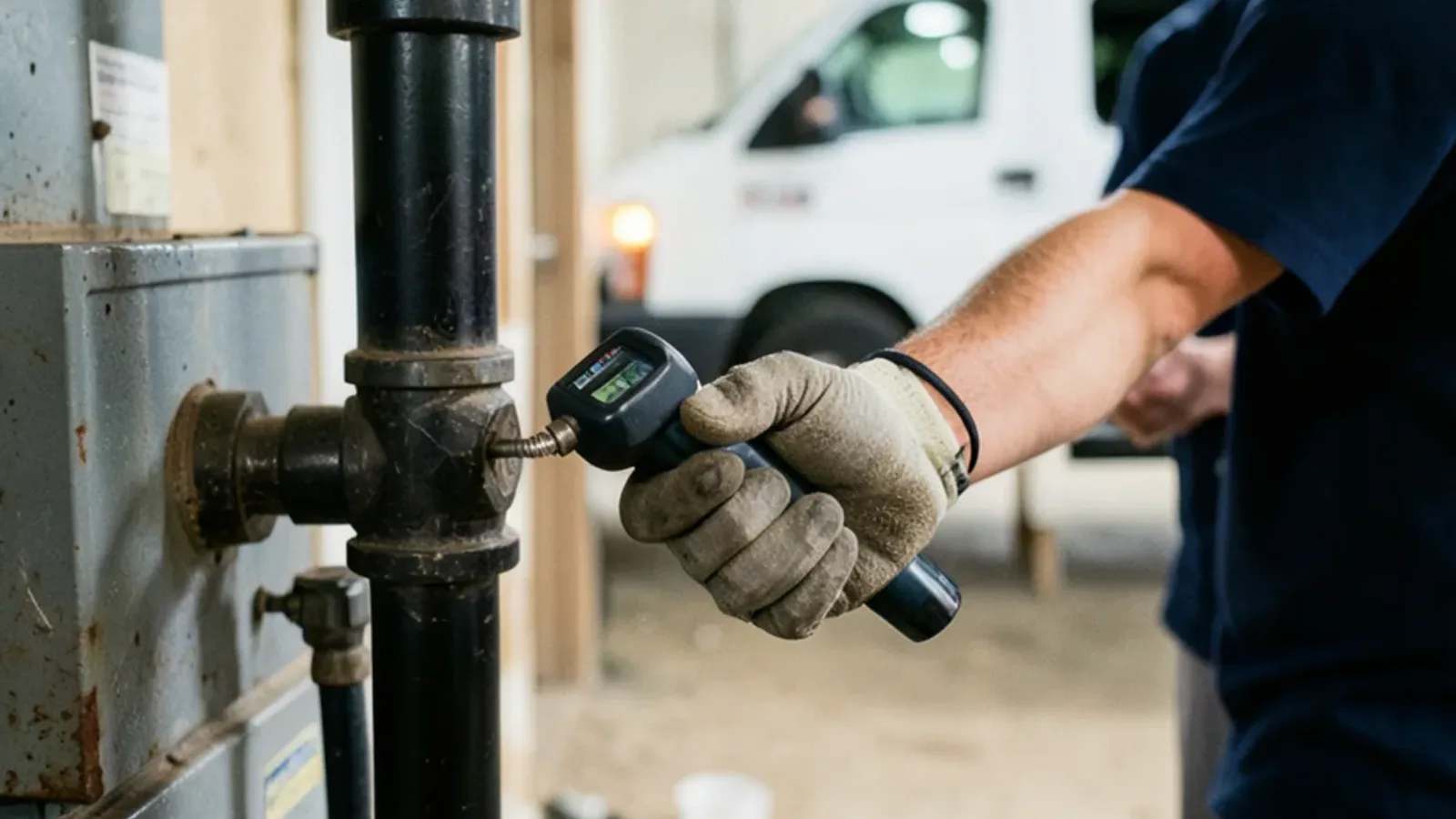 Electronic combustible gas detector probe held at a black iron pipe union near a basement furnace
