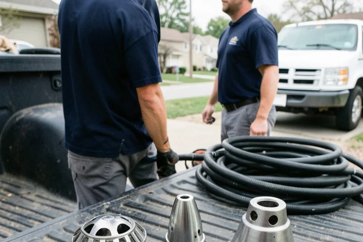 Three sewer jetter nozzles laid out on a tailgate, including a rotating head and a penetrating nozzle