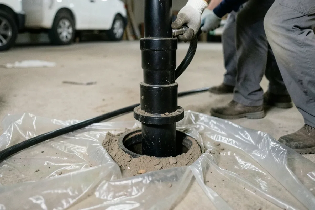 High-pressure jetter hose entering a cast iron cleanout on a basement sewer stack