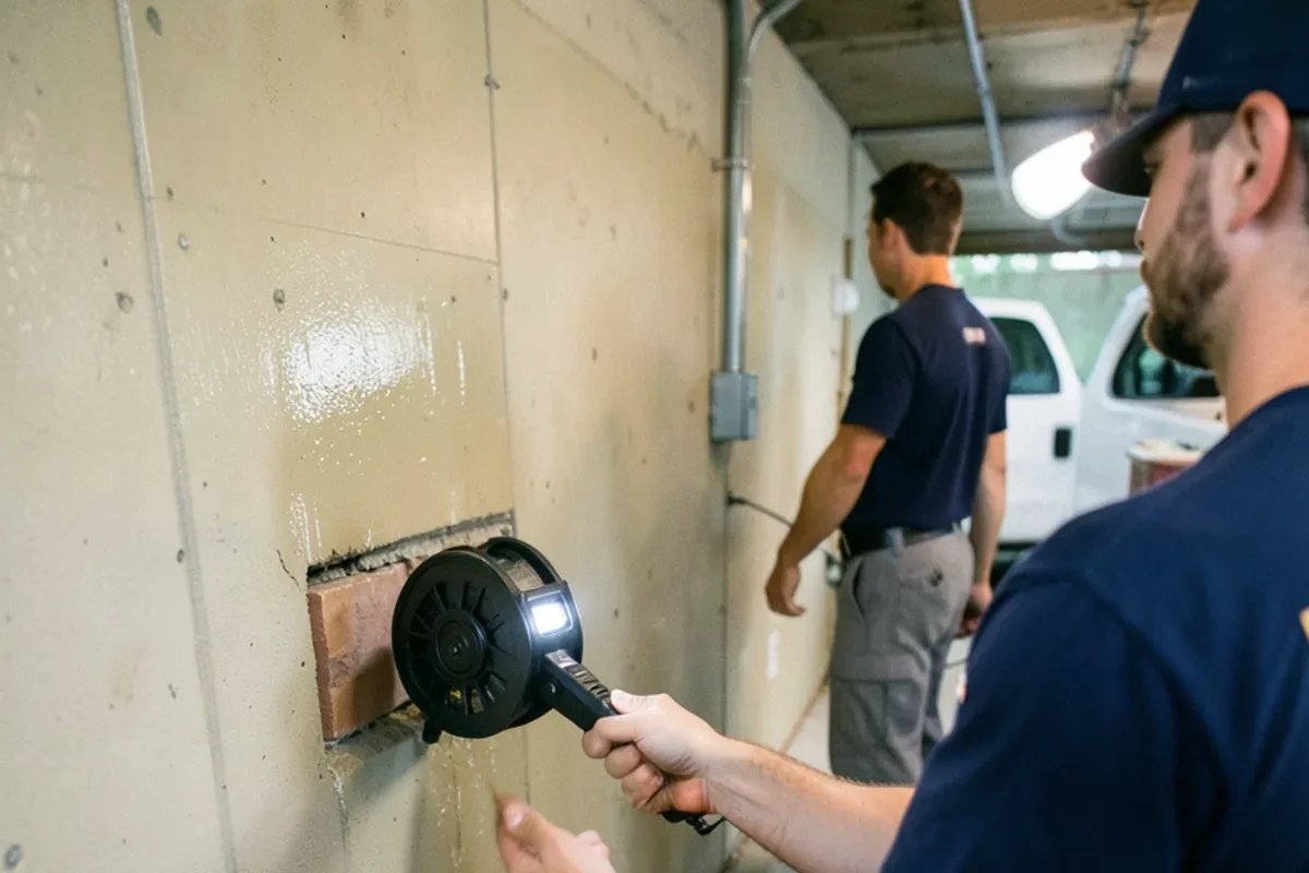 Inspection monitor showing the clean interior wall of a clay sewer pipe after jetting