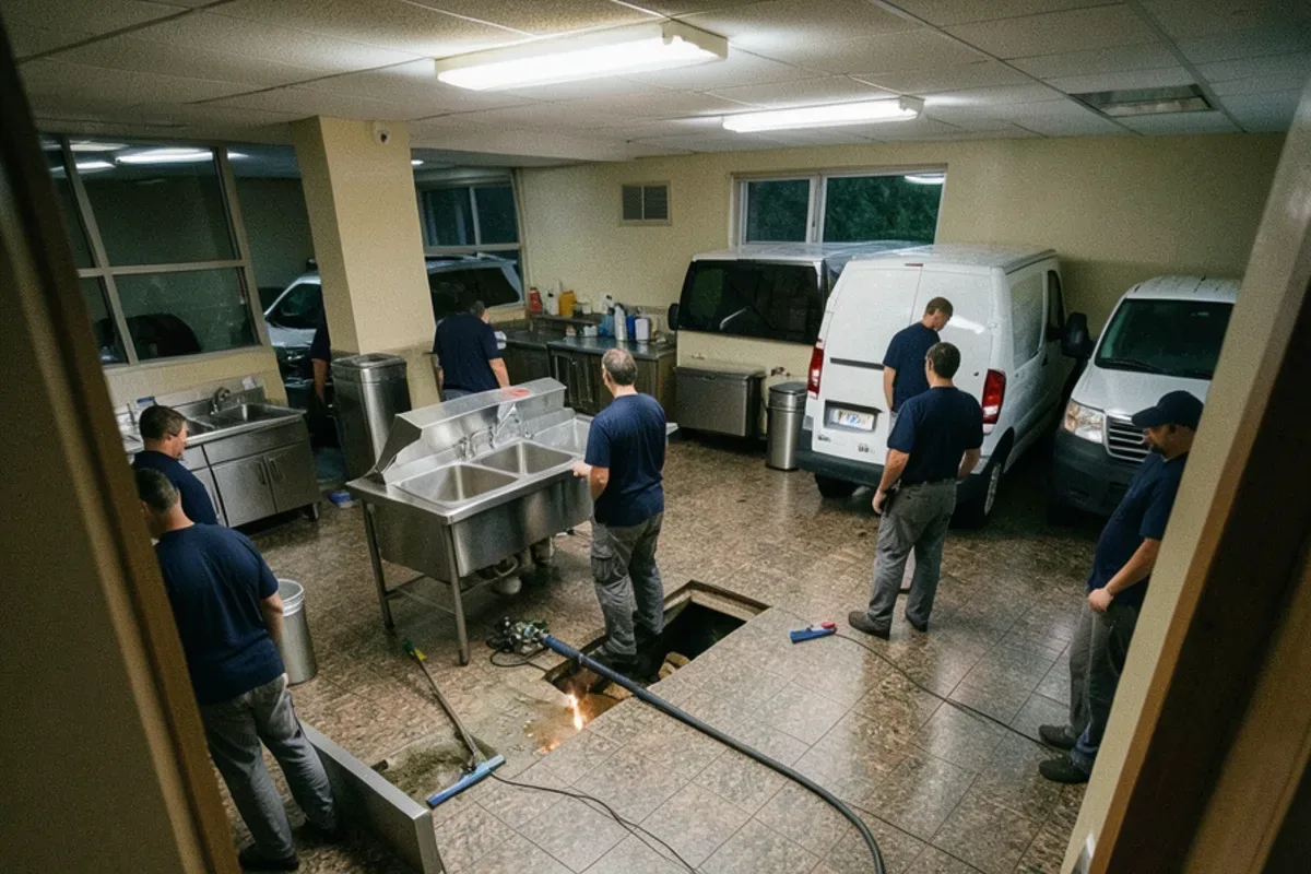 Jetter hose fed into a floor cleanout in a stainless commercial kitchen during off hours
