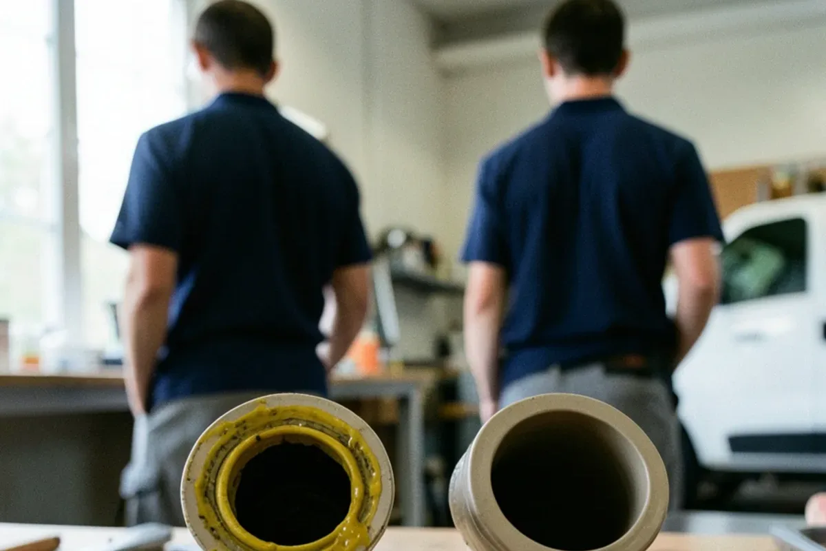 Two cut sections of drain pipe side by side, one coated with grease and one jetted clean