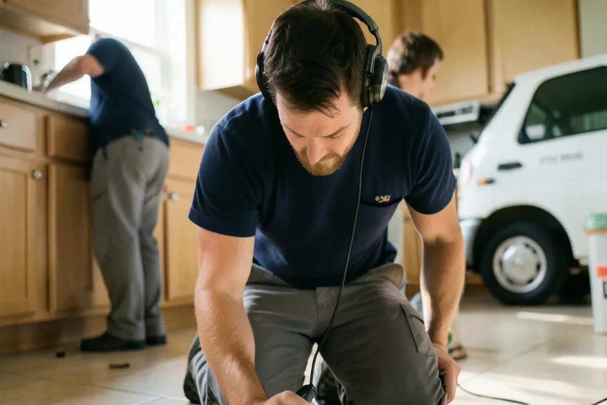 Plumber wearing headphones moving an acoustic ground microphone across a tile floor