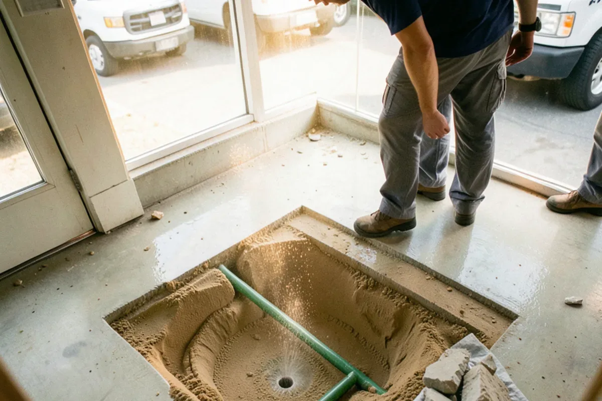 Small opening cut in a concrete floor exposing a leaking copper water line in sand