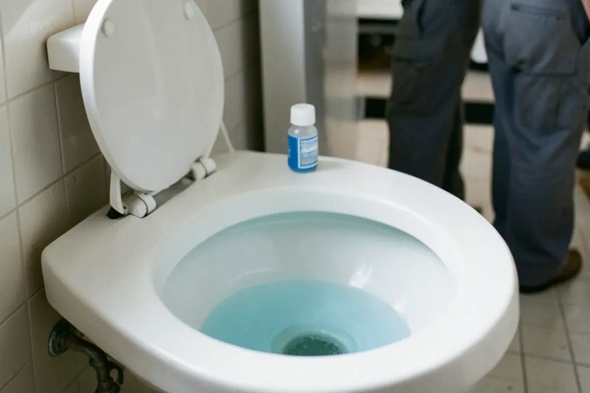 Food coloring tinting the bowl water of an unflushed toilet to reveal a leaking flapper