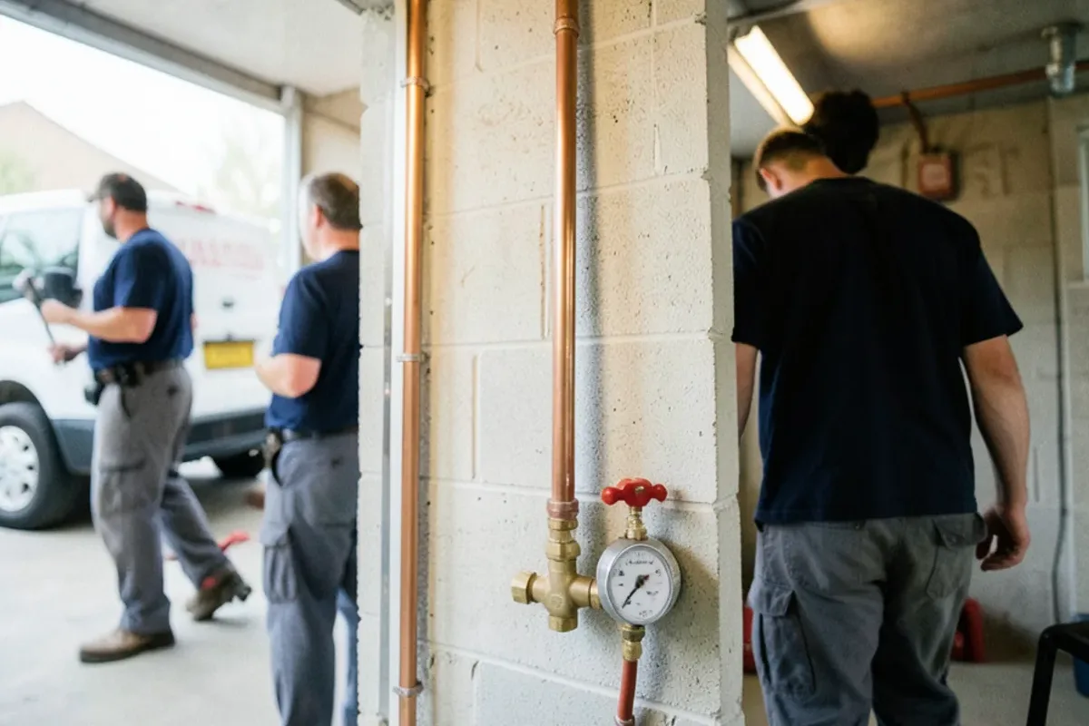 New water line entering through a basement wall with a fresh seal and a new main shutoff valve