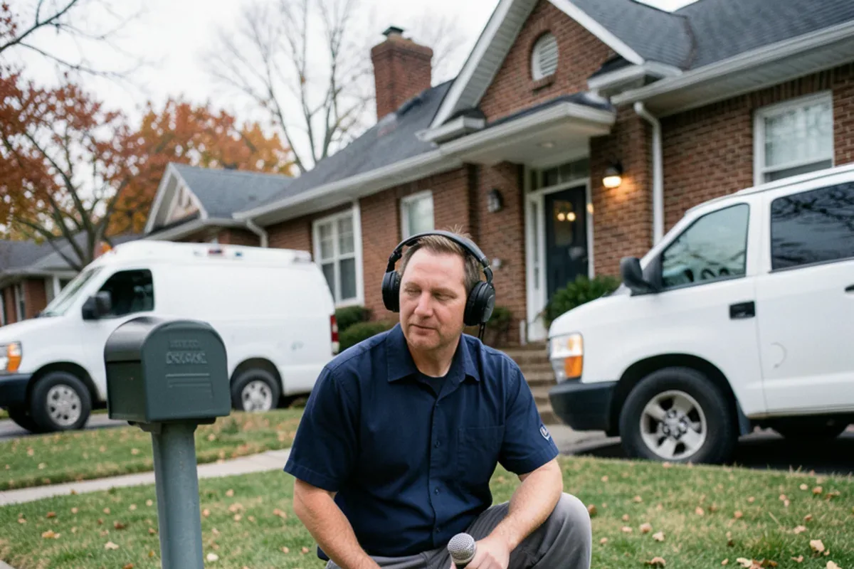 Plumber listening with an acoustic ground microphone over the buried water line in a front yard