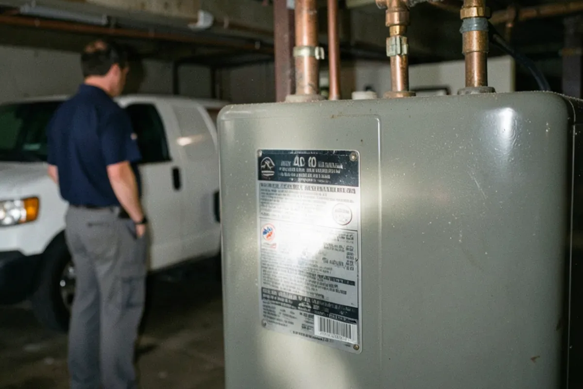 Flashlight on the rating label of a basement water heater to read its serial number and age