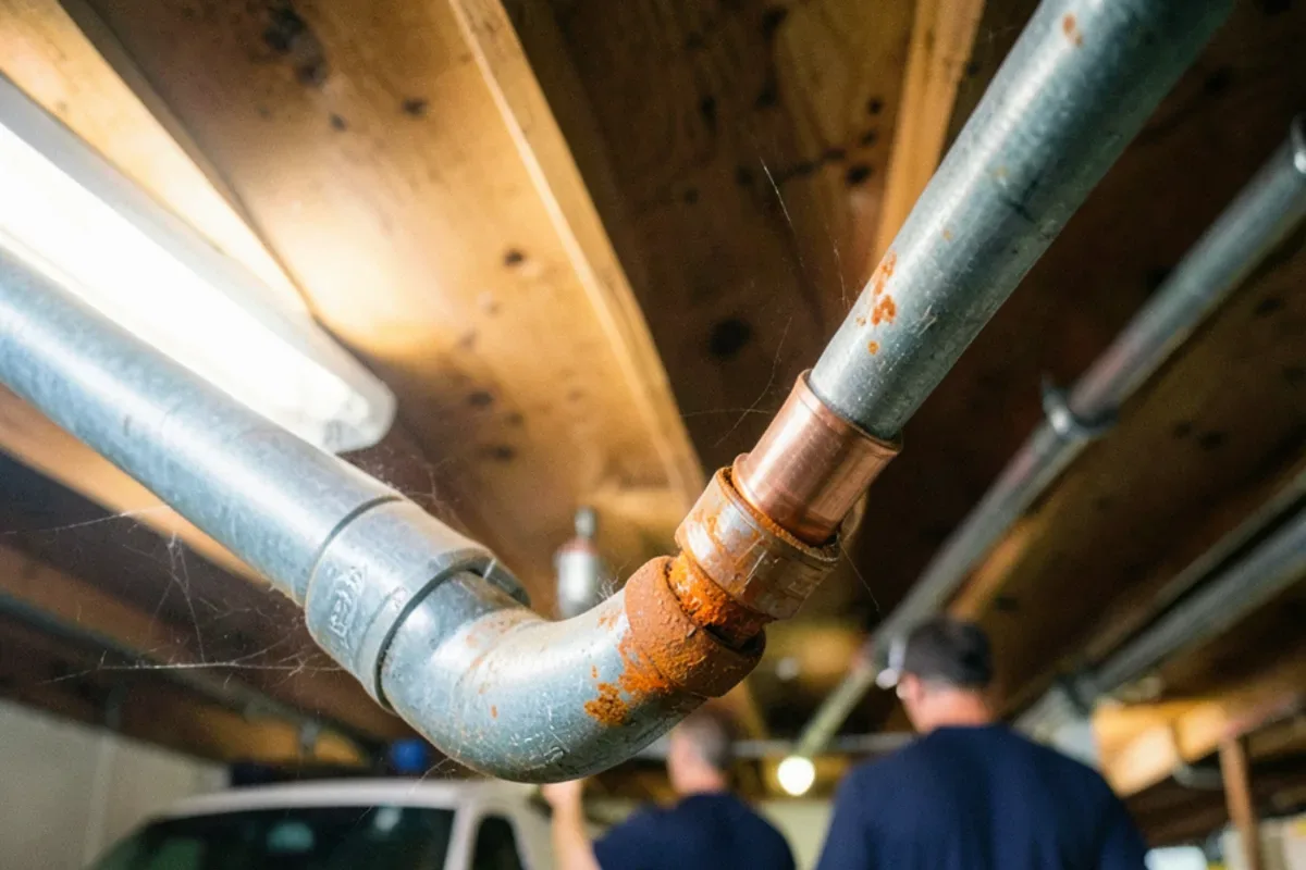 Rusted galvanized water supply pipe and fittings along a basement ceiling joist in an older rental