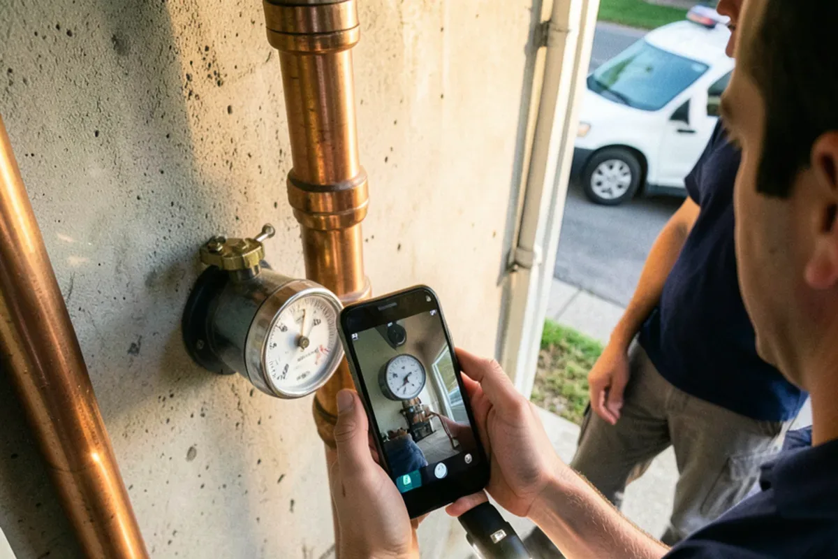 Phone photographing the dial of a basement water meter during a rental move-out