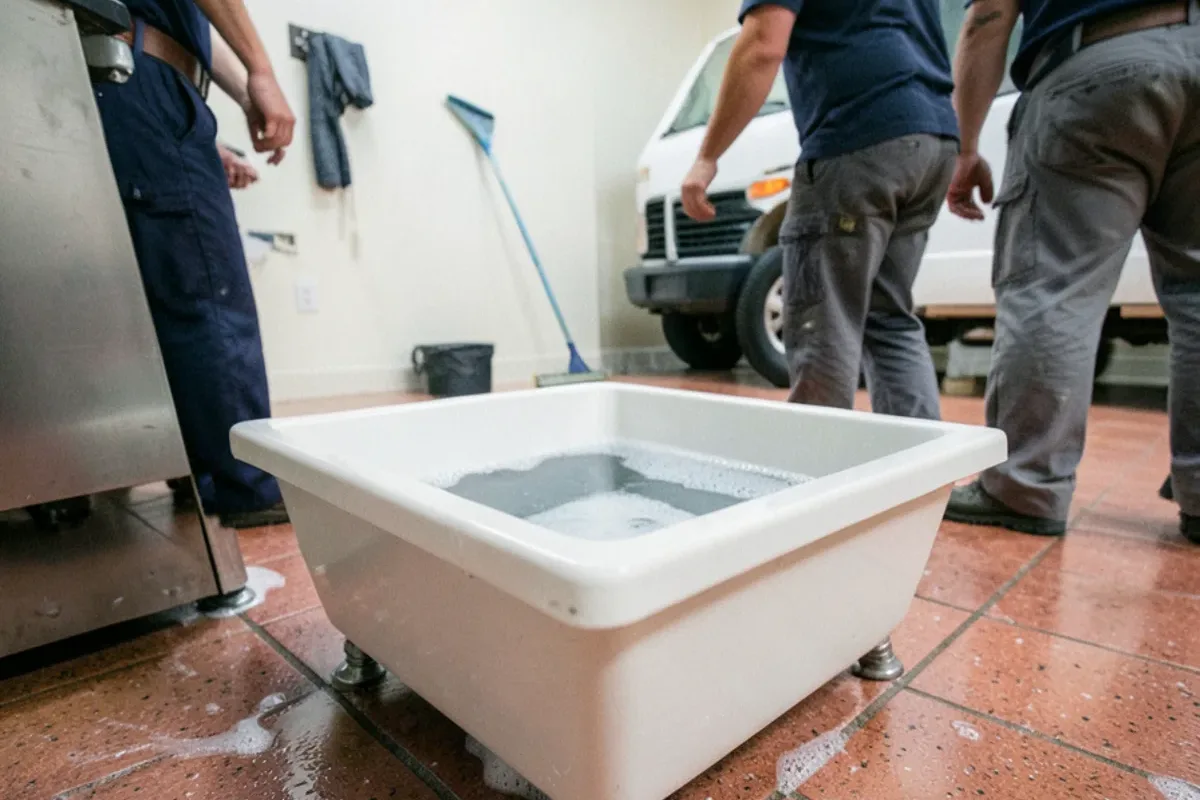 Gray dish water pooling around an overflowing floor sink next to a commercial dish machine