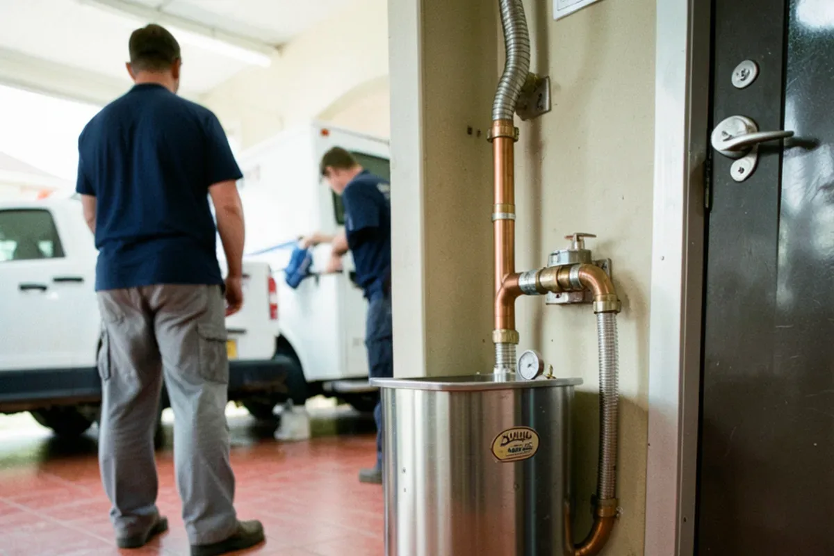 Electric booster heater mounted under a commercial door-type dish machine with its supply piping