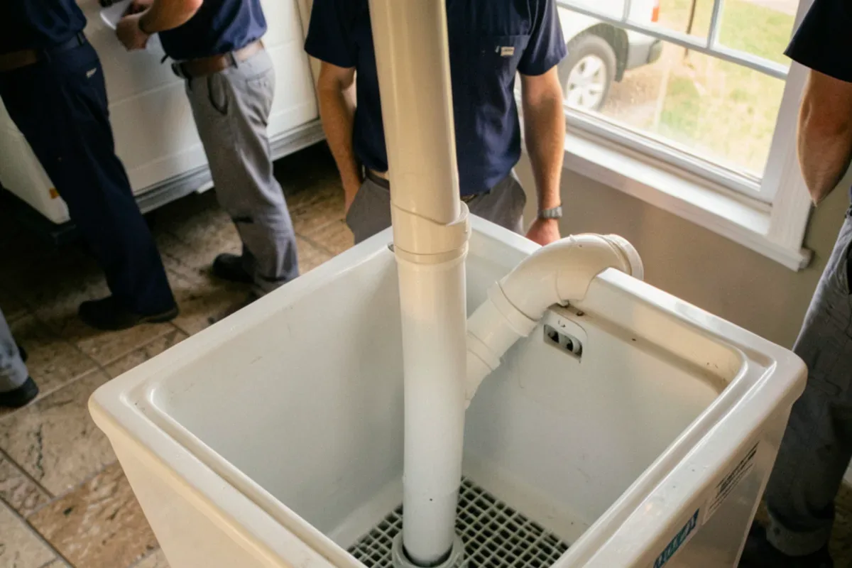 Ice machine drain line ending above a floor sink with an open air gap