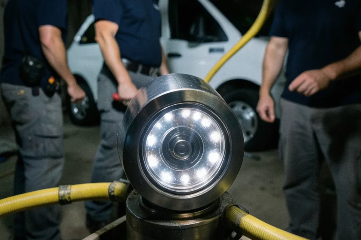 Self-leveling sewer camera head with LED ring entering a cast iron cleanout