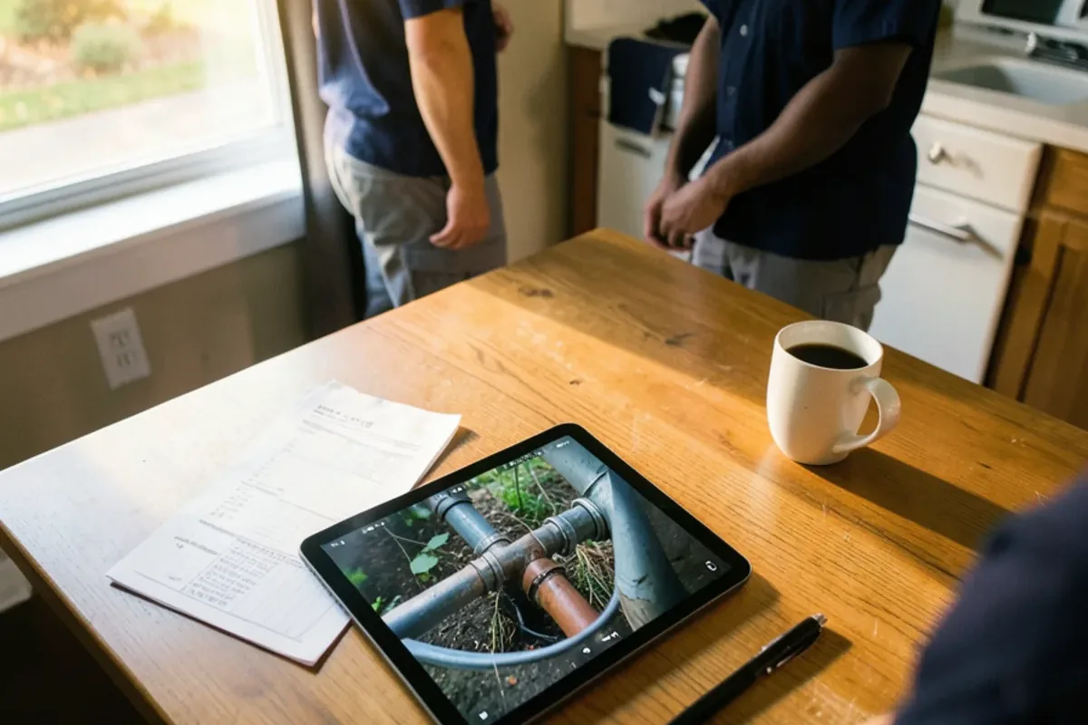 Inspection notes and a tablet paused on sewer footage on a kitchen table