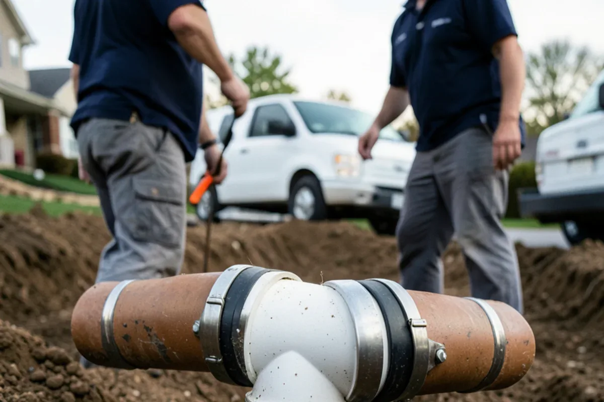 New PVC sewer section joined to old clay pipe with stainless shielded couplings in an open trench