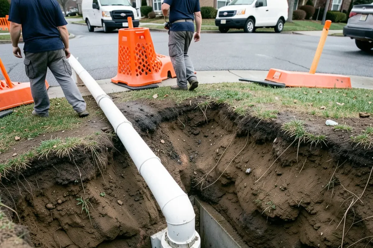 New PVC sewer lateral joined to the city main at the bottom of a street-side excavation