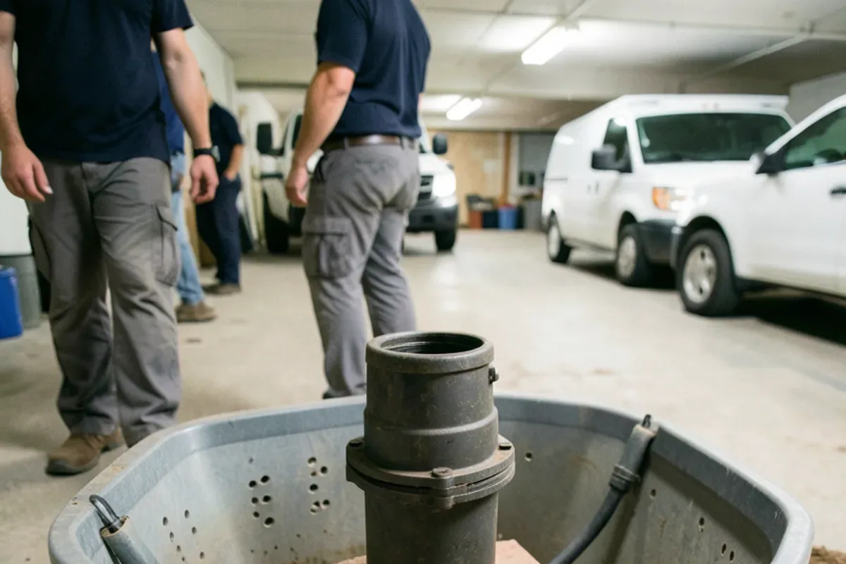 Cast iron submersible sump pump resting on bricks at the bottom of a sump basin
