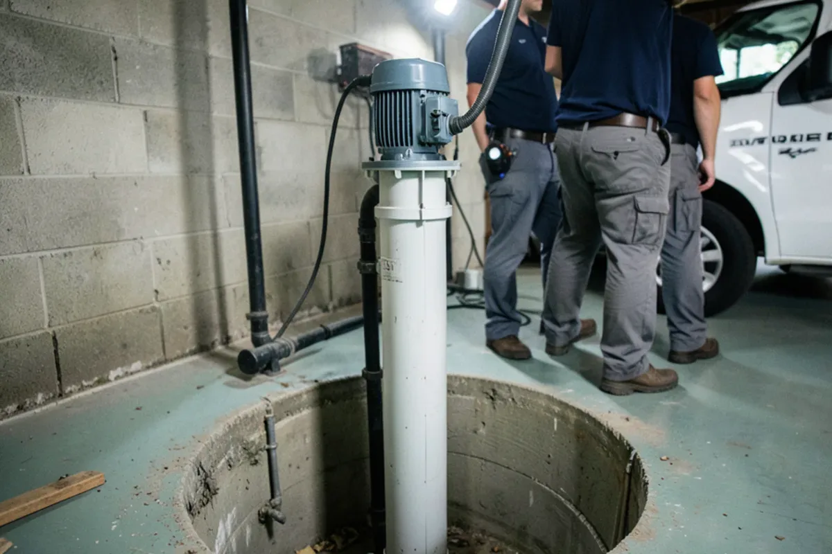Pedestal sump pump with its motor mounted above a narrow concrete sump pit