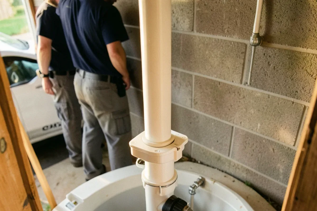 Clear-body check valve and rubber union on a PVC sump discharge pipe above the basin