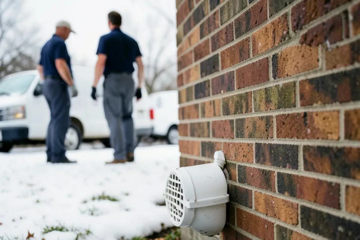 Sump discharge pipe leaving a brick foundation with a freeze-relief fitting and snow on the ground
