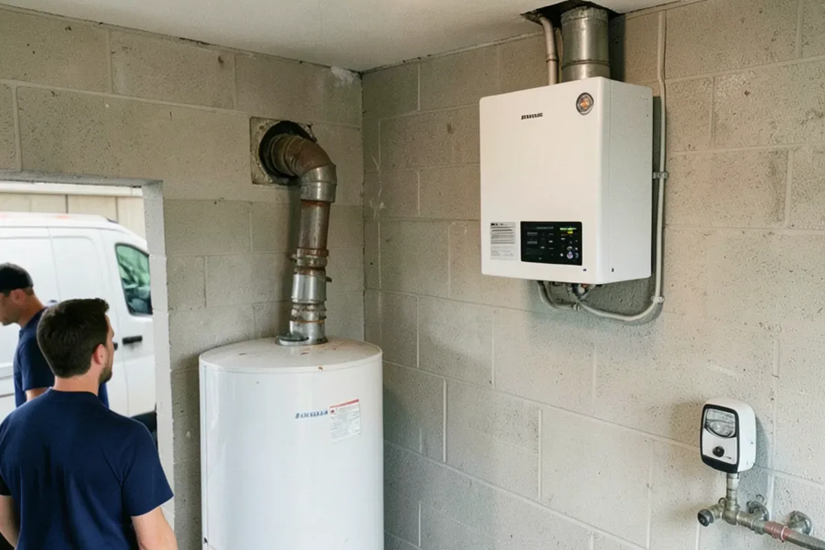 Empty floor space where an old water heater stood beside a new wall-hung tankless unit