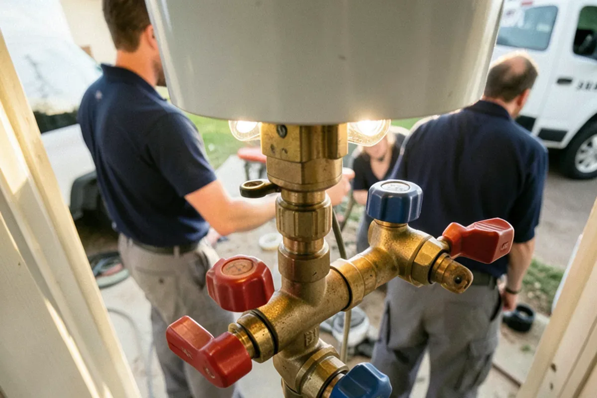 Hot and cold isolation valves with purge ports under a tankless water heater