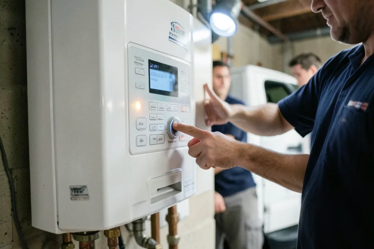 Digital control panel on a tankless water heater showing the set temperature